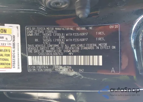 2020 Toyota Sienna L z USA, uszkodzony, nr VIN 5TDZZ3DC4LS087633